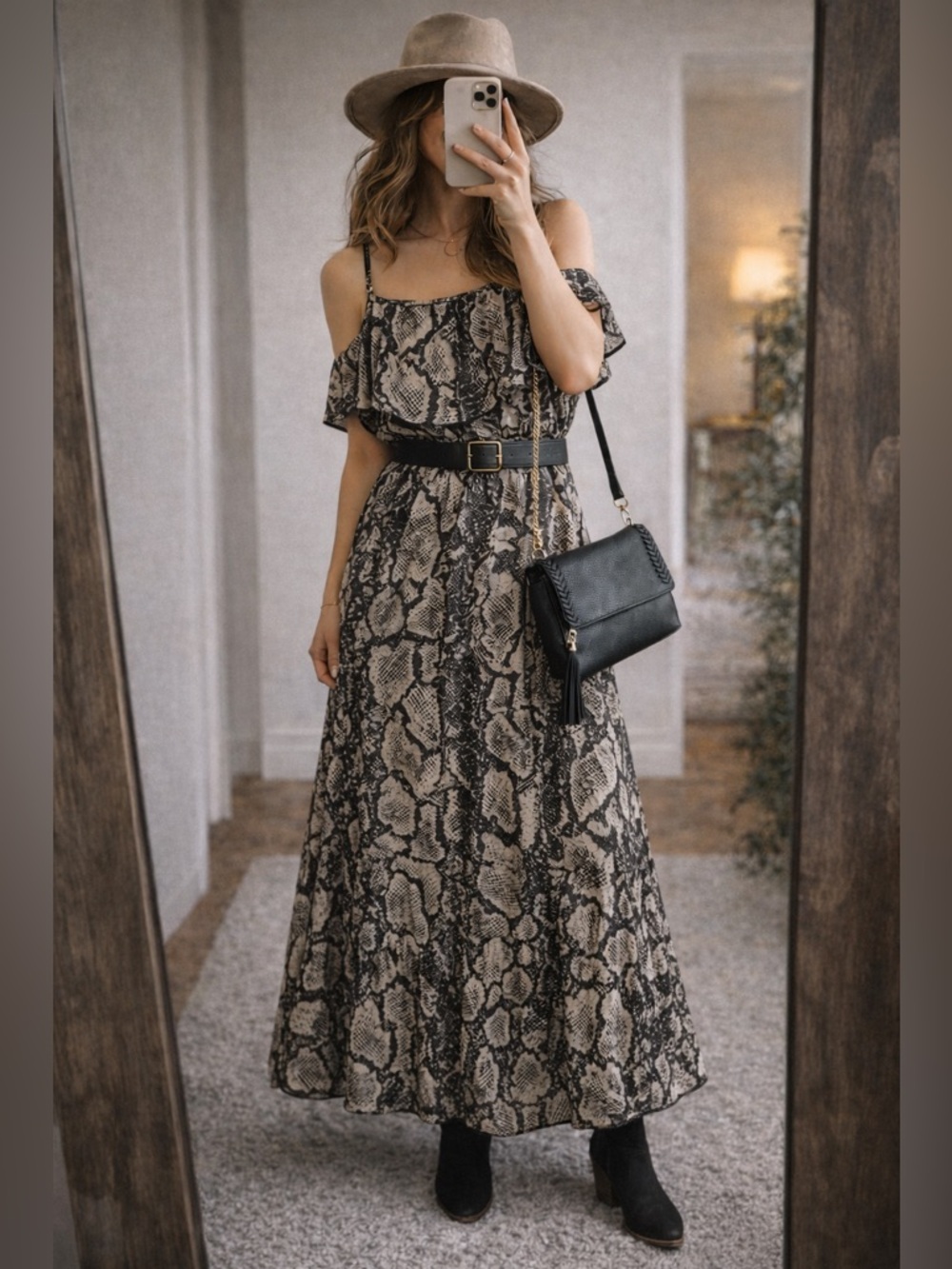 Snake Print Maxi Dress Boho Ruffle Off Shoulder Style Flowy Western Chic medium